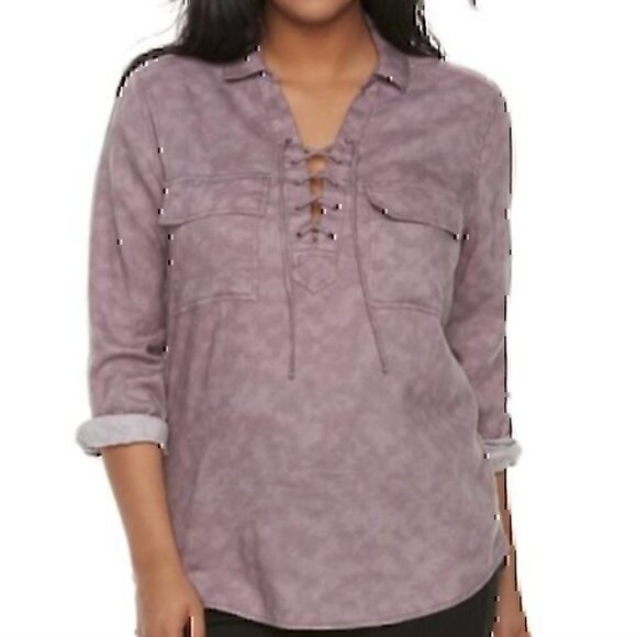 NEW NWT SO JUNIORS Lace Up Utility Top Purple Long Sleeve Cotton Blend Hi-Lo XS - Picture 1 of 7